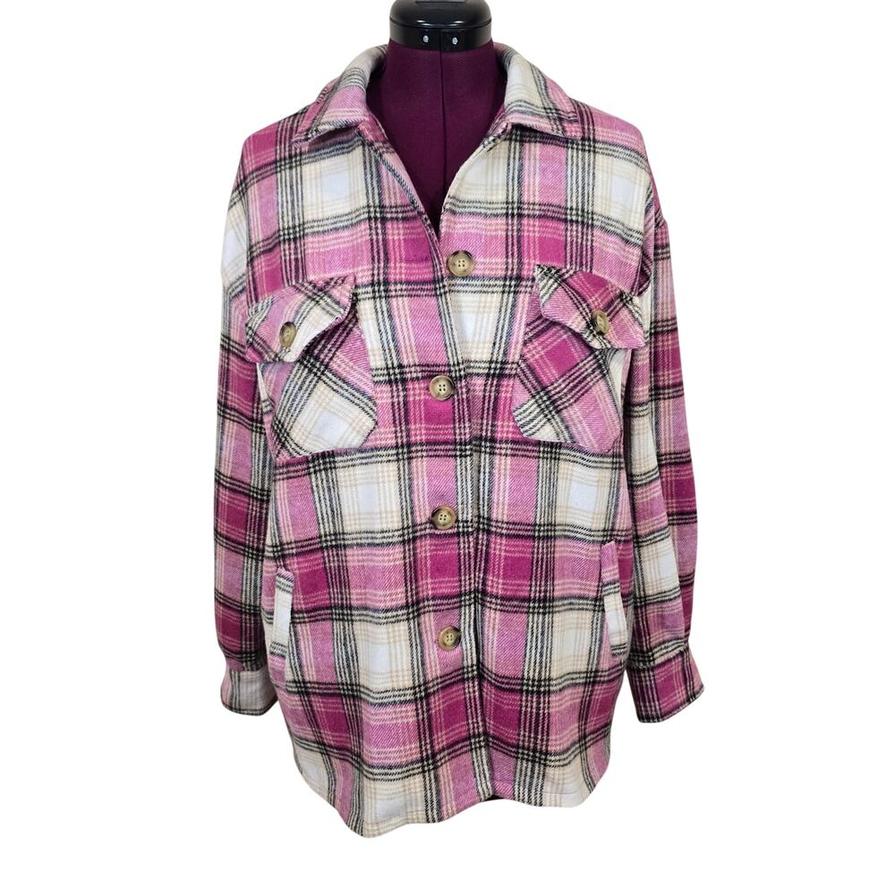 Women's New Fashion Pink Plaid Flannel Oversized Shacket Jacket | Size Small
